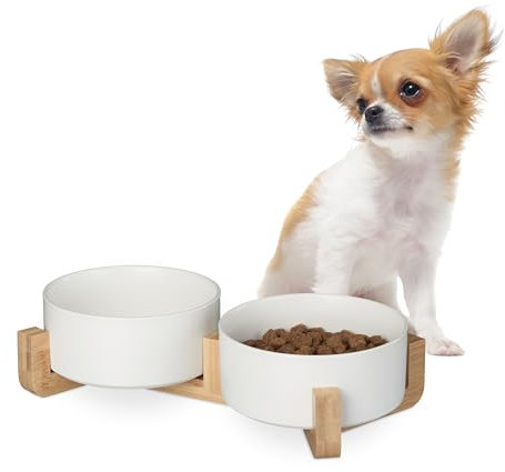 Relaxdays Hunde Napfbar Keramik, 850 ml, Futter & Wasser, Futternapf mit Bambus-Gestell, HxBxT: 9 x 32 x 17 cm, weiß