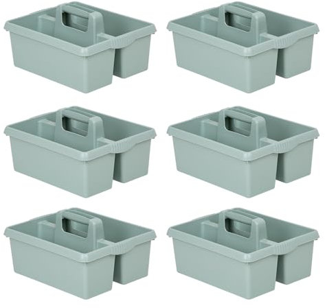 6 X Heavy Duty Large Plastic Handy Kitchen Tool Cleaning Tool Box with Handle Utility Storage Tidy Organiser Tote Tray Two Compartment Cleaners Carry Caddy Multipurpose Cleaning Tools - Silver Sage