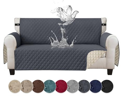 Jaotto Sofabezug 3 Sitzer wasserdichte Sofa Überzug mit Armlehnen Antirutsch Sofaschoner Sofaüberwurf Reversible Gesteppte Couch überzug für Haustiere Katzen Hunde,Dunkelgrau