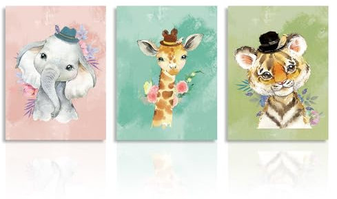 Dazzlewall Safari Tiere Kunstdrucke Poster Tiger Giraffe Elefant Mit Blumen, Baby Kinderzimmer Wandbilder für Jungen Und Mädchen Zimmer 30X40 cm Ohne Rahmen 3er Set