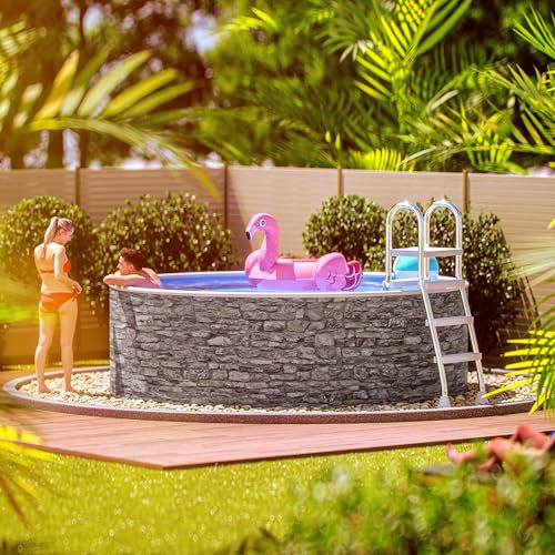 poolomio® Stahlwandpool rund 460 x 120 cm Steinoptik | Robuster Gartenpool als Aufstellbecken oder Einbaupool | Aufstellpool Komplettset mit Innenfolie 0,5 mm, Skimmer & Einlaufdüse
