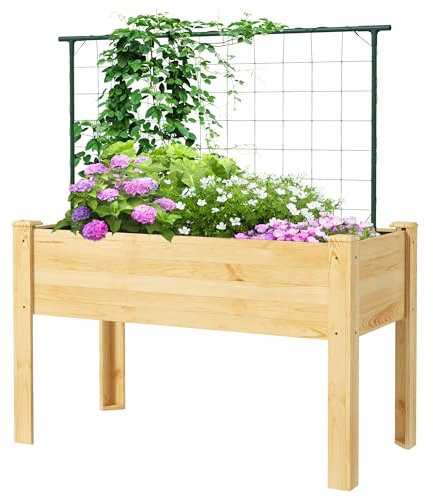 Outsunny Huerto Urbano Elevado con Enrejado Jardinera Elevada Mesa de Cultivo Carga 300 kg para Plantas Flores Trepar Enredaderas de Verduras 120x60x75 cm Natural