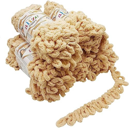 500 Gramm Puffy Schlaufenwolle Ilkadim Export, 5 x 100 Gramm Fingerstrick - Wolle super bulky, Schlaufenwolle, Strickwolle, Stricken ohne Nadel (beige 310)