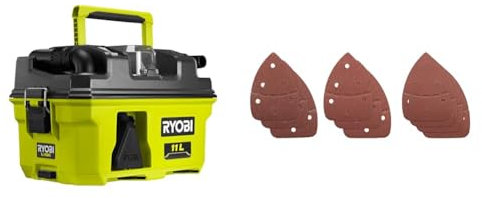 RYOBI - Aspirateur Eau et poussière 18V - 105 AW - 1500 L/Min - 11 L - RV1811 & Assortiment de 10 Abrasifs Auto-Agrippants 140x100mm pour Ponceuse Triangulaire