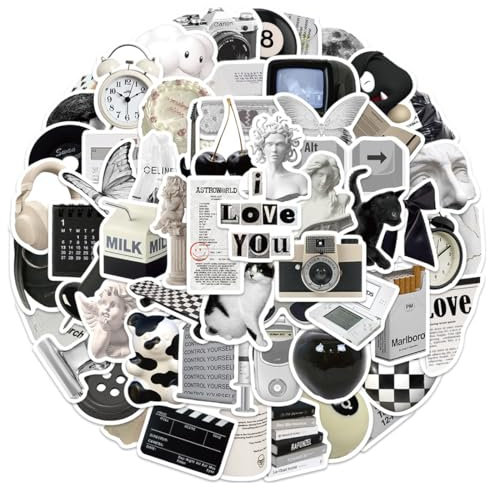 QOWUXHZ 1 Blätter (50 Stück) Sticker Schwarz Weiss Sticker Aesthetic Schwarz Und Weiß Einfache Vinyl Aufkleber Für Laptop Diy Dekorieren Skateboard Computer Telefon Aufkleber Für Kinder Jugendliche
