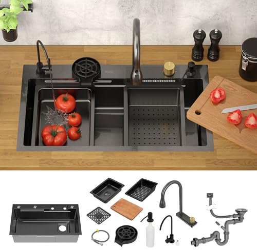 ML-Design Lavello Multifunzionale in Acciaio Inox 80x46 cm Antracite Lavabo da Cucina Rettangolare Lavandino a Cascata da Incasso 1 Vasca Sottopiano con Rubinetto Estraibile e Altri Accessori