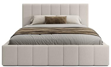 FEDVE Bett 140x200 Creme - Handorf Polsterbett mit Bettkasten und Stauraum für das Schlafzimmer