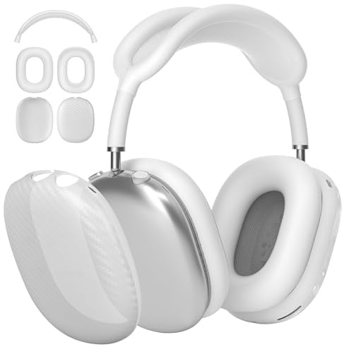 AHBTEYM Schutzhülle für AirPods Max-Kopfhörer, TPU-Ohrmuscheln-Hülle/Ohrpolster/Kopfband-Silikonhülle, kompatibel mit Apple-AirPod-Max-Zubehör-Protektor (Matte Weiß Kohlefaser-Textur)
