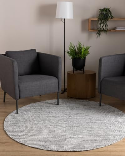 Interiyou handgewebter Baumwollteppich Riga - 120x120 cm Rund Beige/Schwarz - Handwebteppich für Wohnzimmer, Schlafzimmer - 100% Handarbeit Naturfaser Teppich Flachgewebe