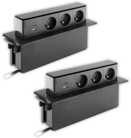 Lot de 3 blocs multiprises encastrables 3x 16A 2P+T avec 2 ports USB - Noir - Otio