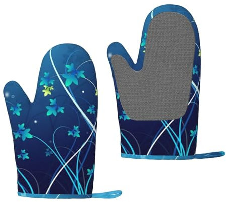 WKSGDSG 2 Pcs Of Silicone Oven Mitts, Blue Mini Flower Swirl 3 Layers Heat Resistant Oven Gloves, Non-Slip Grip Surfaces Kitchen Gloves For Cooking, Machine Washable Cooking Gloves With Hanging Loops