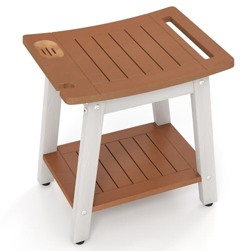COSTWAY Shower Bench, HIPS Slatted Spa Bathroom Stool Seat with Storage Shelf, Handle, Shower Head and Soap Holder, 2-Tier Waterproof Bathtub Chair Bath Stool for Elderly Disabled Adults (Brown+White)