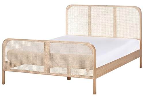 Beliani Bett Kiefernholz Hellbraun mit Wiener Geflecht Kopfteil 140 x 200 cm Gonfaron