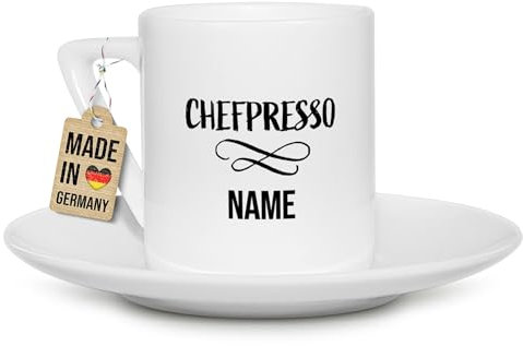 Tassendruck Espressotasse bedruckt mit Name und Spruch - Chefpresso - Persönliches Geschenk für die Chefin oder Chef zum Dienstjubiläum oder Geburtstag - Eckiger Henkel, Porzellan-Tasse, 100 ml