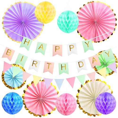 HENGBIRD Geburtstagsdeko Pastellfarbene Happy Birthday Girlande, Wiederverwendbare Geburtstagsdeko für Frauen mit Wimpelkette, Wabenbälle, Pompons, Papierfächer in Rosa, Weiß, Mintgrün