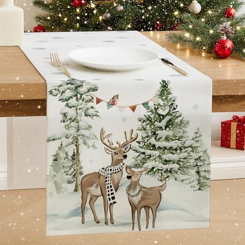 Luzzxfa Elch Schneeflocke Kiefern Weihnachten Tischläufer Modern Saisonnal Weihnachtsbaum Winter Weihnachtstischläufer Küche Tisch Dekoration Drinnen Outdoor Urlaub Party Dekor Hell 33x183 cm