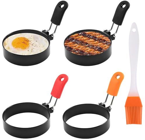 3.5 Nonstick Stainless Steel Egg Rings Set of 4 with Oil Brush&Egg Separator, Round Crumpet Ring Mold for Muffins Pancake Cooking Griddle, Portable Grill Accessories for Indoor Camping Breakfast