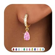 ZNBOH Ohrringe Gold Hängend Damen 18K Vergoldete Klein Creolen Geburtsstein | Zirkonia Damenohrringe Mit Stein Rubin Aquamarin Smaragd Peridot Amethyst,Schmuck Geburtstag Geschenk für Freundin Frauen