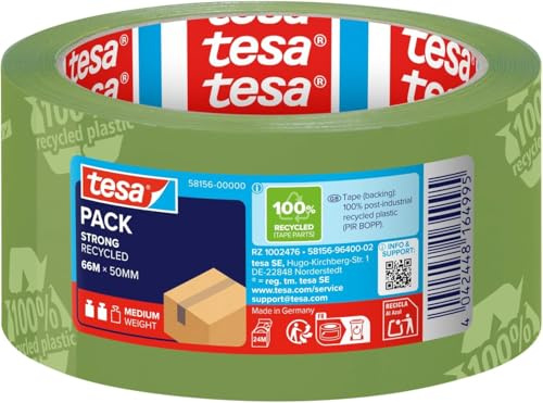 tesapack Eco & Strong - Environmentally Friendly Packing Tape Made of 100% Recycled Plastic, UV-Resistant and Age-Resistant - Green Printed - 66 m x 50 mm (Pack of 6)