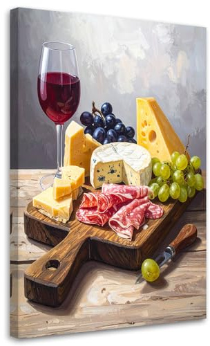 Feeby Wandbild - Wohnzimmer Modern Deko - Platte mit Wurst Käse und Trauben - 40x60 1tlg - Bilder Leinwand - Bild auf Leinwand Schlafzimmer - Leinwandbilder für die Wand - Canvas Painting - Fotokunst