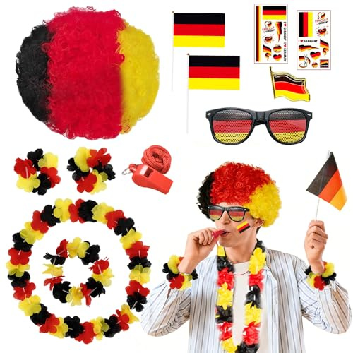 Nzkeuf 12-Teilig Deutschland Fanartikel, Fußball WM 2026, WM Fanartikel Deko Deutschland Avec Sonnenbrille, Perücke, Pfeife, Autofahnen, Kette, Armband, Blinky, Gesichtstattoo Deutschland