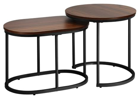Wonnika Couchtisch Rund & Oval, 2er Set Satztisch Holzoptik, Schwarz | Platzsparendes Satztisch Set für Wohnzimmer, modernes Nesting Design, stabiles Metallgestell