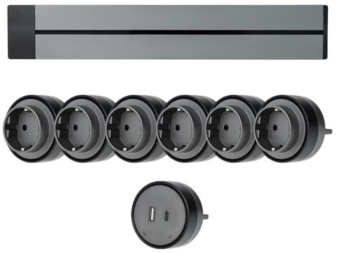 Masterled - Carril de Enchufes Deslizantes 50cm, Regleta Modular de Aluminio con 6 Schuko + 1 USB, Enchufes Móviles Configurables para Cocina, Encimera, Oficina y Escritorio (6 Schuko + 1 USB, 50cm)