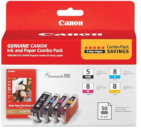Canon PGI-5/CLI-8 Genuine Combo Pack with Photo Paper 50 Sheets, Compatible with MP500, MP510, MP520, MP530, MP600, MP610, MP800, MP800R, MP810, MP830, MP950, MP960, MP970, MX850, and MX700 Printers
