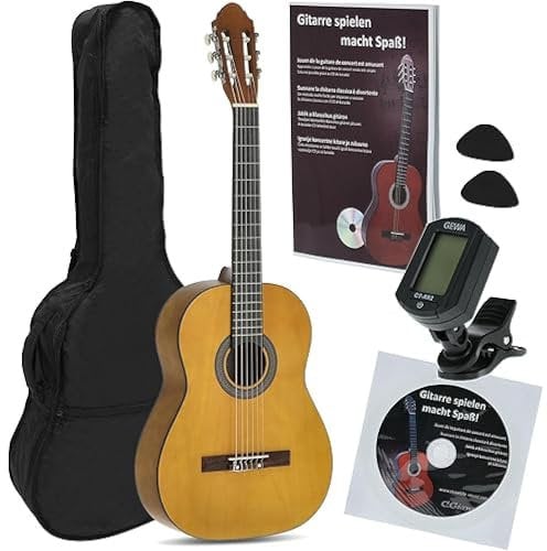 Juan Miguel Navarrez NV12PK Starter Set guitarra clásica negro 4/4, bolsa/Gig Bag, libro con CD, afinador (tuner),2 púas