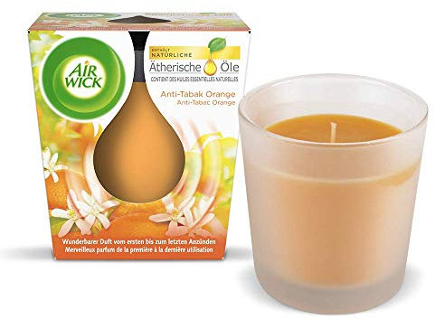 Air Wick Wohlfühl-Duftkerze im Glas Anti-Tabak – Duft: Orange – Enthält natürliche ätherische Öle – 3 x Duftkerze in Orange