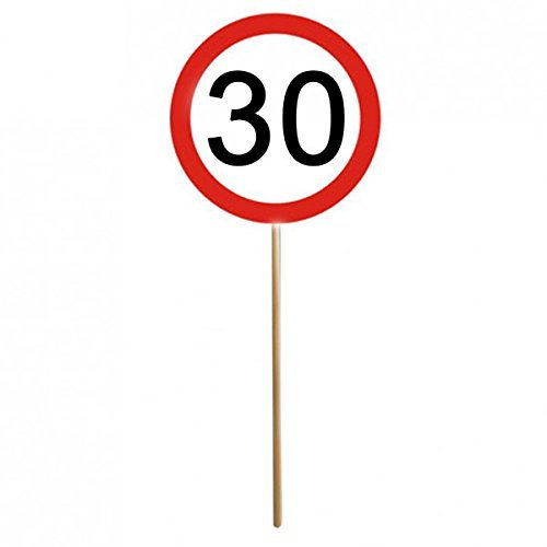 Udo Schmidt 12er Set 30. Geburtstag Mini Schilder Verkehrsschilder mit Stab Dekoration für 30. Geburtstagspartys oder Innendekoration Pappe, Kunststoff Durchmesser 10cm, Länge 26 cm