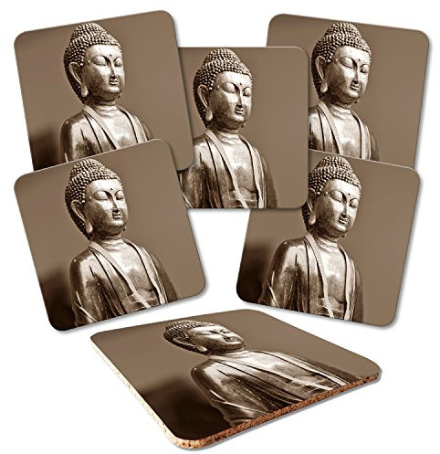 Addies Glas-Untersetzer 6er-SetBuddha-02, mit Kork-Untermaterial und in schöner Klarsichtbox geliefert