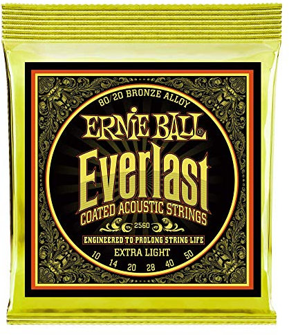 Ernie Ball Everlast Extra Light - Cuerdas para guitarra acústica, bronce 80/20, revestidas, calibre 10-50