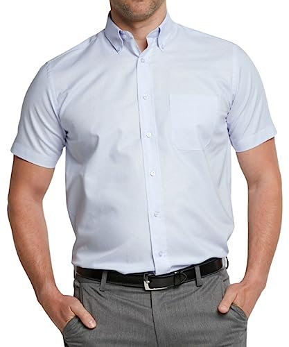 Double TWO Men's Short Sleeve Oxford Shirt Button Down Collar Regular Fit Smart Casual Shirt Blue