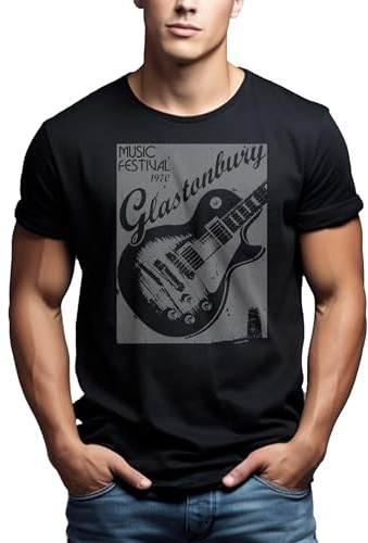 MAKAYA Vintage Musik T-Shirt mit Gitarre Glastonbury Schwarz Herren XXXL
