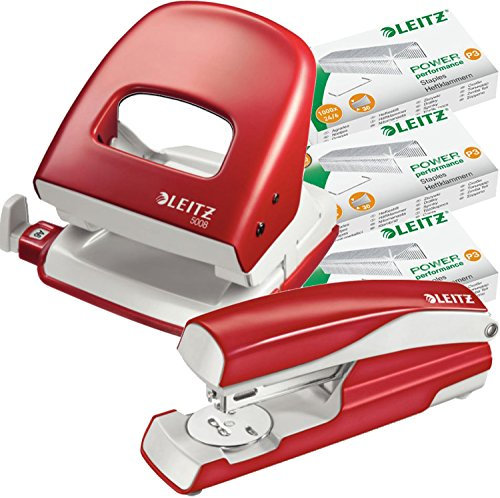 Leitz 50086025 Locher, 2,5 mm, mit Anschlagschiene, Blisterverpackung (Mit Hefter und Heftklammern, rot)