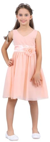 TiaoBug Enfant Fille Robe Soirée Princesse Mariage Cérémonie Ceinture à Fleur Organza Mousseline Robe Demoiselle d'honneur Robes de Fête Carnaval 2-14 Ans Corail Rose 6 Ans