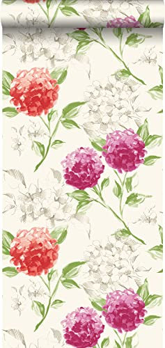 papier peint hortensias rose et orange 53 cm x 10.05 m - ESTAhome