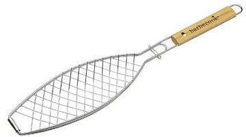 Fischgrill, Fischrost für 1 Fisch, verchromt mit abgerundetem Holzgriff, Grill Rost mit 66 x 14cm