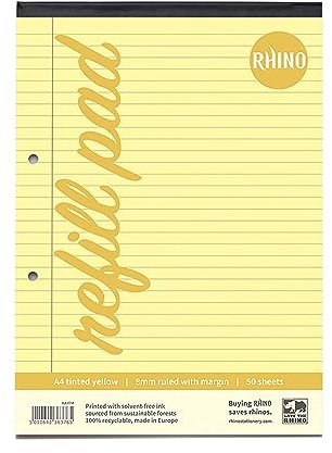 RHINO A4 Refill Pad, Writing Pad, 100-Page / 8mm Lined with Margin, 1-Pack, Yellow Lined Writing Paper for Dyslexia & SEN, Office & School Stationery Supplies