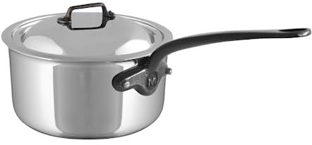 Mauviel M'Cook CI 5-Ply Polished Stainless Steel Sauce Pan With Lid, And Cast Iron Handles, 2.6-qt, Made In France