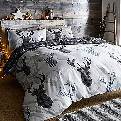 DE CAMA Bettwäsche-Set für Doppelbett, Rentier-Motiv, Tartan/Karomuster, Grau/Schwarz, 3 Stück