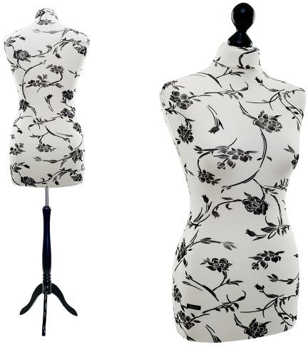 LUCCESI Schneiderpuppe | Zum Probierpreis! | Größen S - XL (Female ♀) | Size: M/L (38-40) | Wechselbezug Creme-Weiss/florales Muster (schwarz) | Standfuss schwarz | Damen - Schaufensterpuppe
