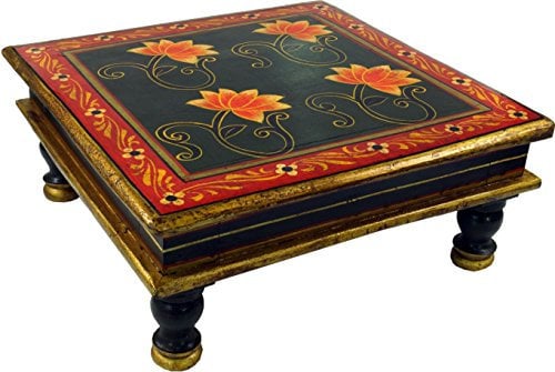 GURU SHOP Bemalter Kleiner Tisch, Minitisch, Blumenbank - Seerose Grün/rot, 16x38x38 cm, Kaffeetische & Bodentische