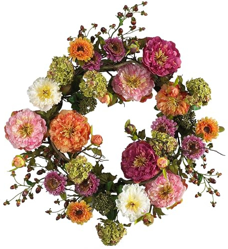 Nearly Natural 24in Artificial Peony Wreath Multicolor Faux Floral Spring Wreath for Front Door, Indoor Wall Decor, and Dining Table Centerpiece