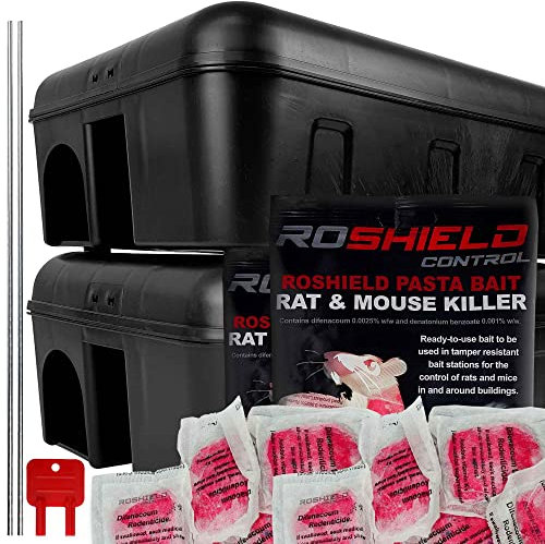 ROSHIELD External Rat & Mouse Rodent Bait Box Control Kit - 2 Tamper-Resistant Lockable Boxes & 300g Pasta Bait Poison Sachets (2 Packs of 150g)