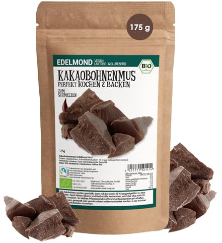 Edelmond Bio Kakaomus 175 g, aus ganzen Edelkakaobohnen gewalzt, für Müsli | Bittere Alternative zur Kuvertüre: schmilzt cremig für Ganache, Trinkschokolade, Gebäck und Desserts