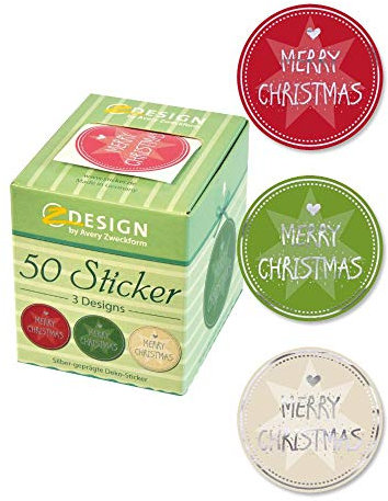 AVERY Zweckform Art. 56828 Aufkleber Weihnachten (Weihnachtssticker, Papiersticker mit Silberprägung 38 mm im Spender, Merry Christmas, Glückwunsch, Geschenk, Sticker auf Rolle) 50 Stück