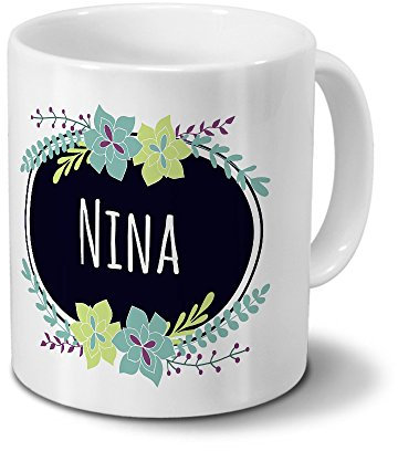 printplanet Tasse mit Namen Nina - Motiv Flowers - Namenstasse, Kaffeebecher, Mug, Becher, Kaffeetasse - Farbe Weiß