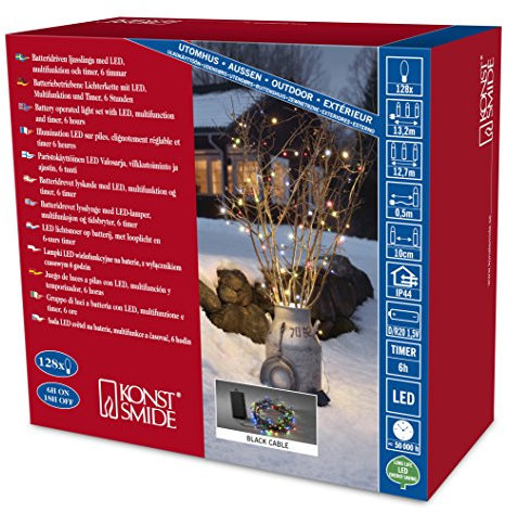 Konstsmide LED Lichterkette, mit an/aus Schalter und 6h Timer, mit 8 Funktionen und Memoryfunktion, 128 bunte Dioden, batteriebetrieben, Außen (IP44), schwarzes Kabel, 4 x D 1.5V (exkl.) - 3719-500